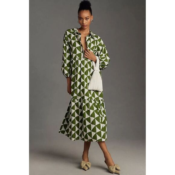 Anthropologie Dresses & Skirts - Maeve by Anthropologie Bettina Tiered Dress Size Medium Cotton Boho Green White